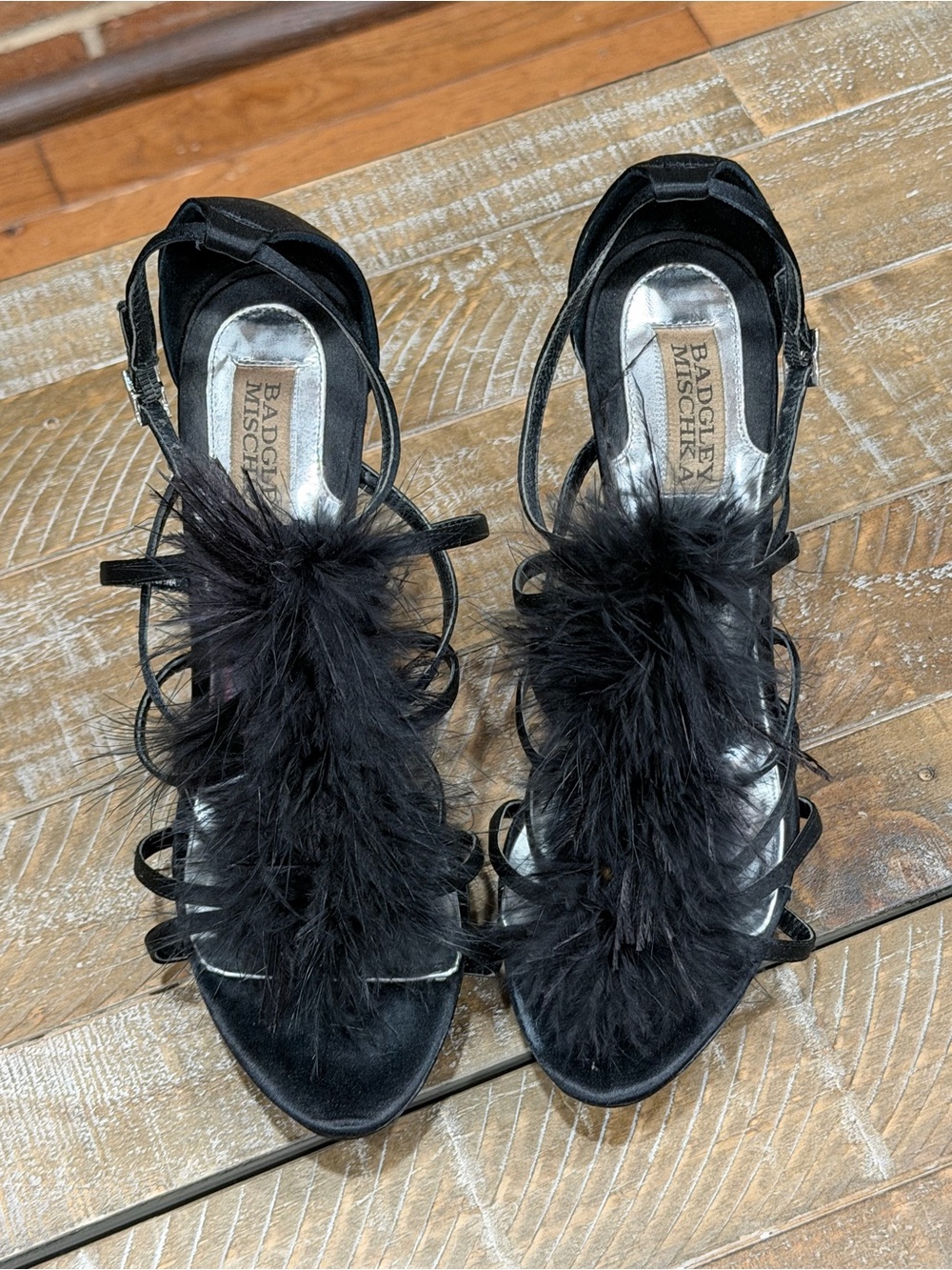Badgley Mischka Black Feather T-Strap Heels